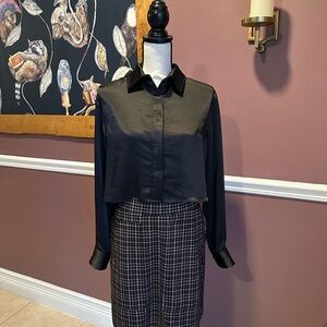 EUC Good American Cropped Black Satin Button Up Oversized Blouse Shirt Size XS